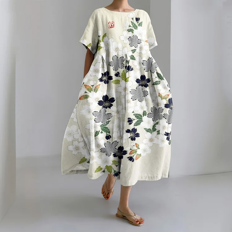 Japanese Art Sakura Print Round Neck Short Sleeve Midi Dress
