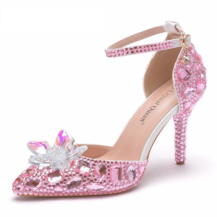 Crystal Queen European Wedding Shoes Female White Drill Rhinestone Sandals Stiletto Pointed Bridal Pumps High Heels