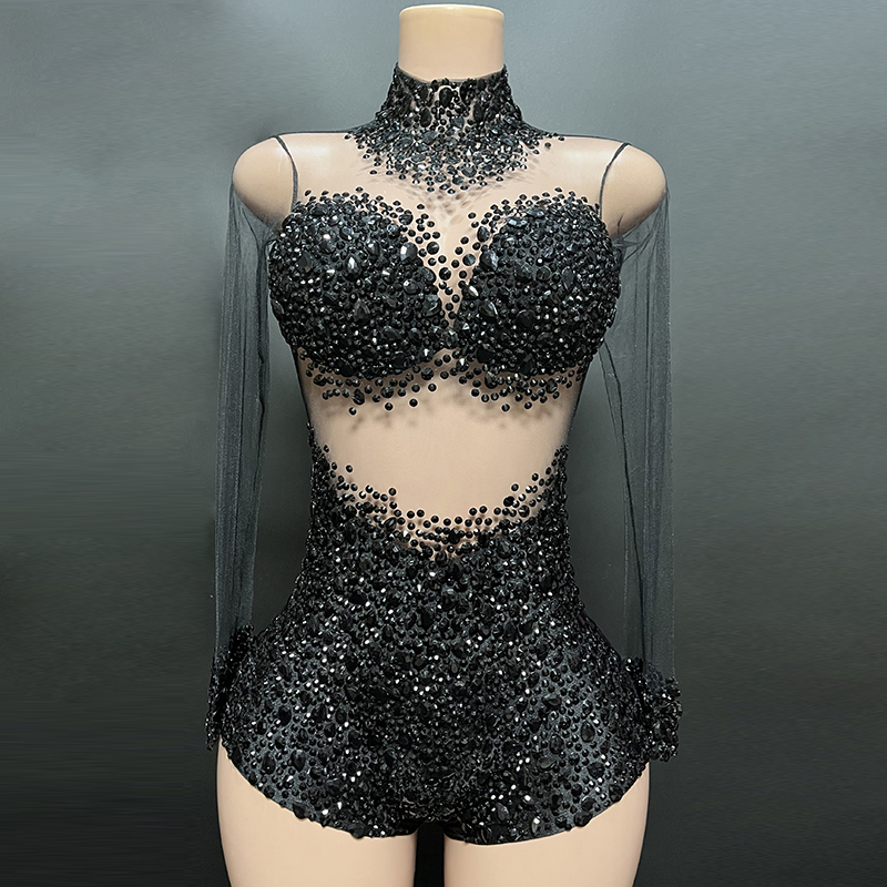 TAAFO Shiny Diamonds See Through Black Dresses Bodycon Jumpsuits For Nightclub Bar Birthday Party