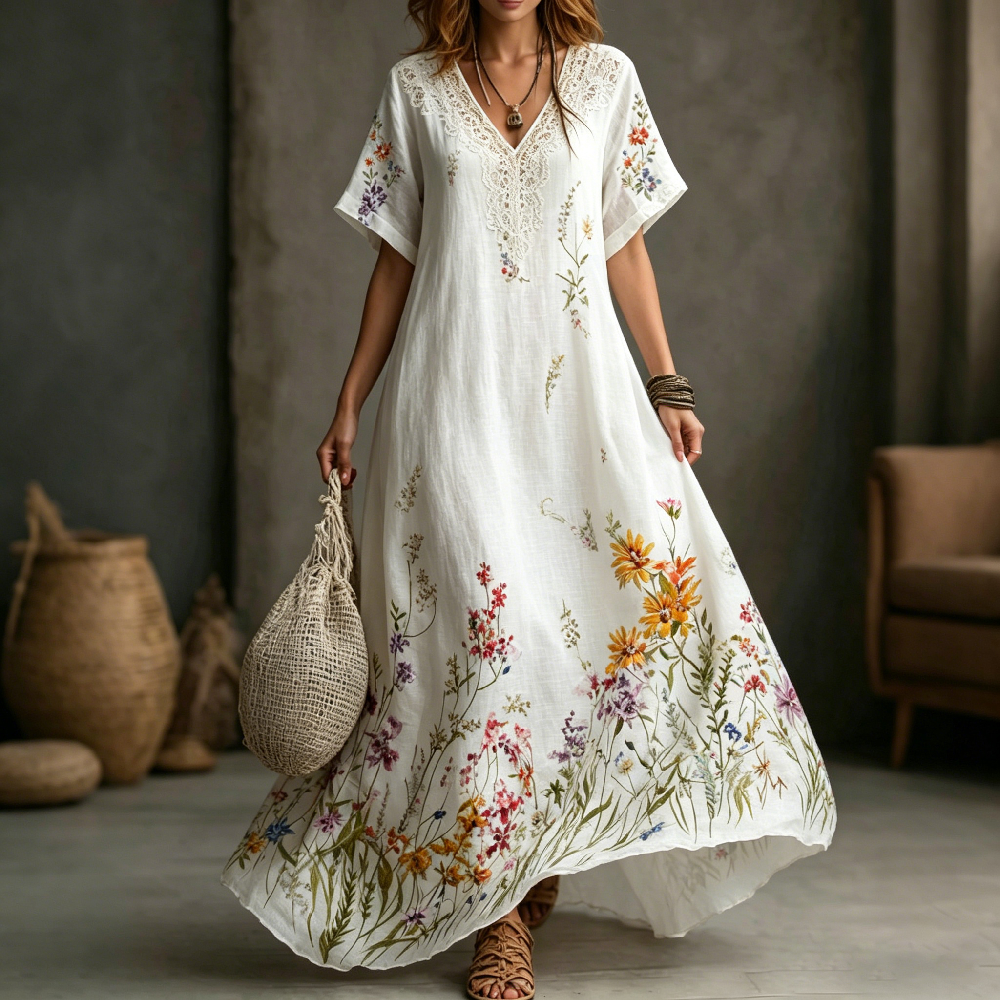 Comstylish Women's Vintage Spring Floral Art Flowy Linen Maxi Dress