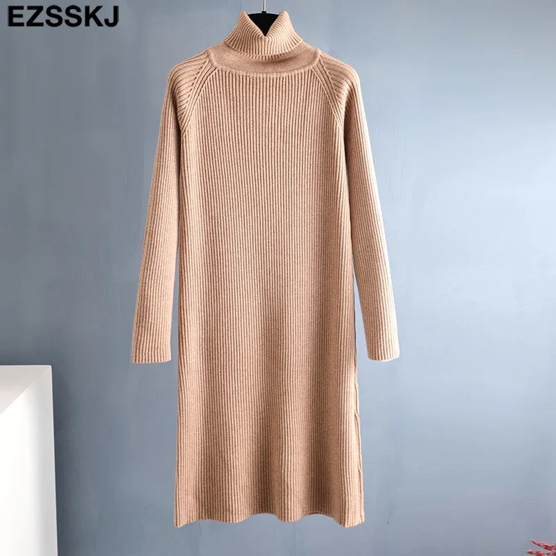 2021 Autumn Winter long thick Sweater Dress Women turtleneck long Sleeve straight maix Dress female girl warm long dress