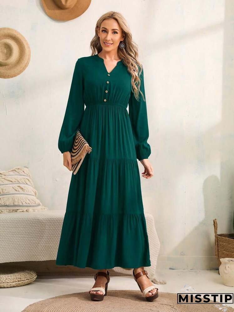 Lantern Sleeve Button Front Layered Ruffle Hem Dress