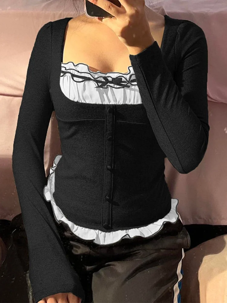 Tawnie 2022 Y2K Vintage Patchwork Tshirts Women Buttons Square Neck Long Sleeve T Shirt Fairycore Grunge Casual Slim Crop Top