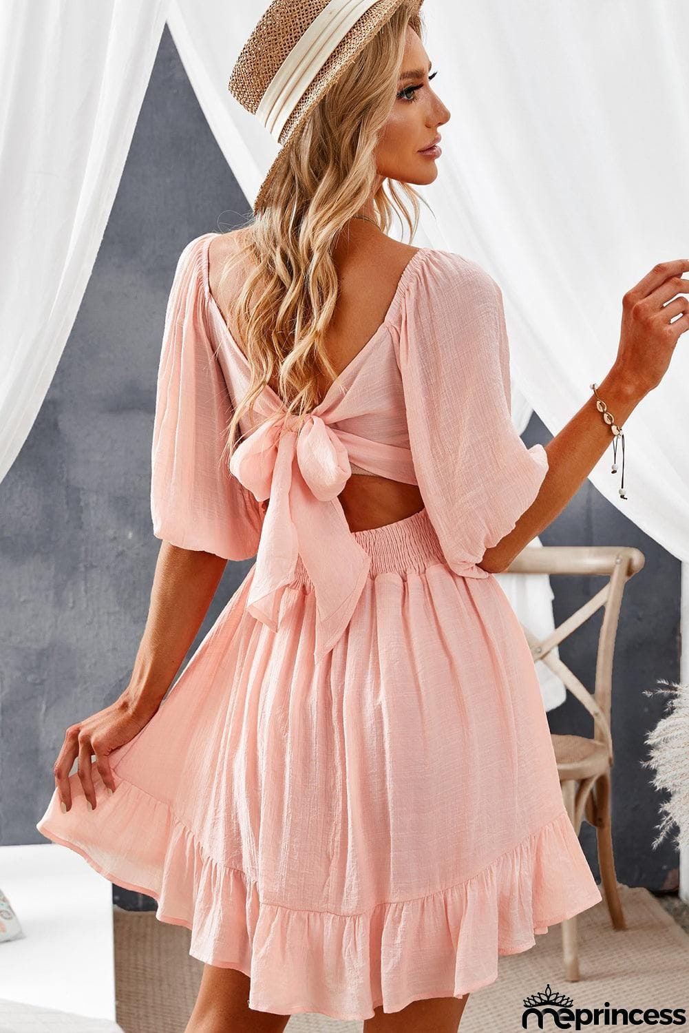 Tie-Back Ruffled Hem Square Neck Mini Dress