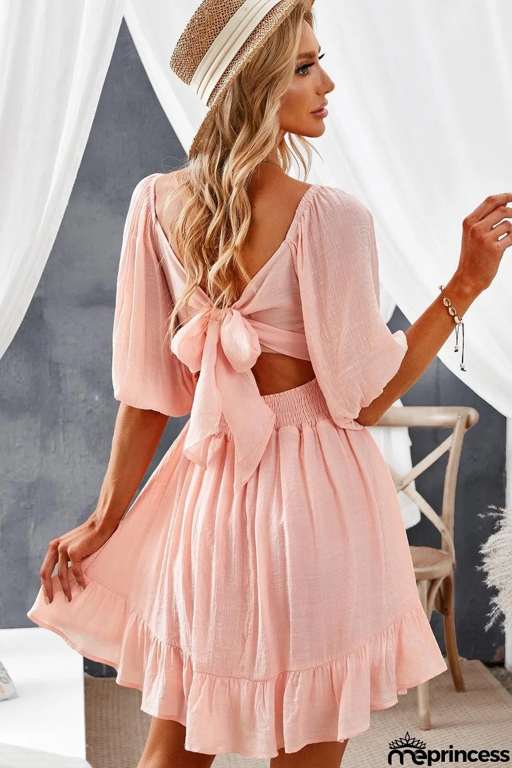 Tie-Back Ruffled Hem Square Neck Mini Dress