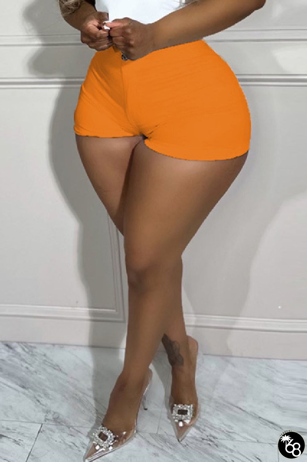 Orange Casual Solid Patchwork Skinny High Waist Conventional Solid Color Shorts | 168DEAL