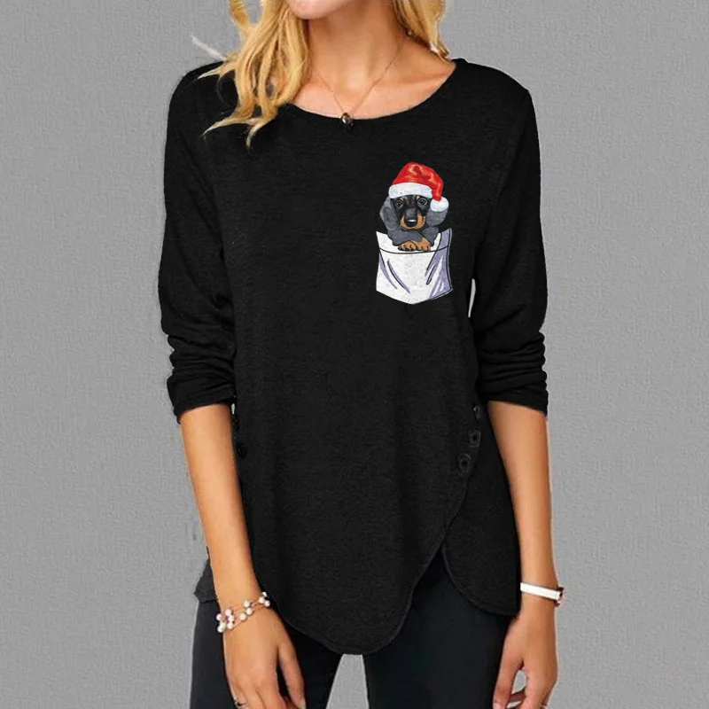 Christmas Dog Print Irregular Hem T-Shirt