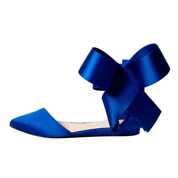 Royal Blue Bow Sandals Pointy Toe Satin Flats |FSJ Shoes