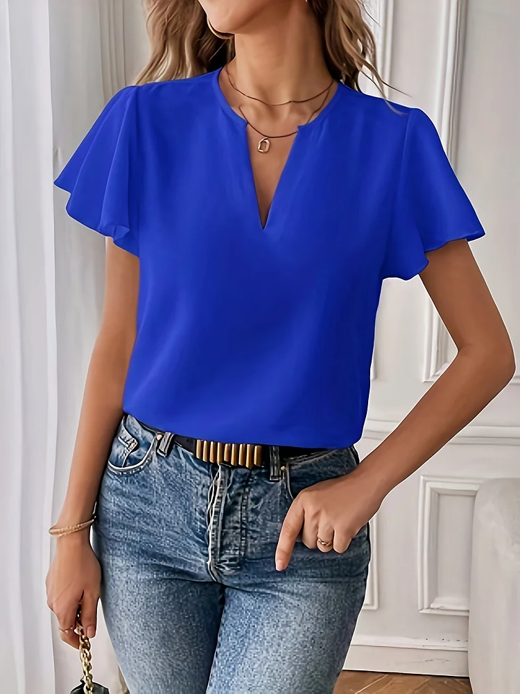 Elegant V-Neck Women's Blouse | Non-See-Through Office & Casual Chic Top For Spring/Summer