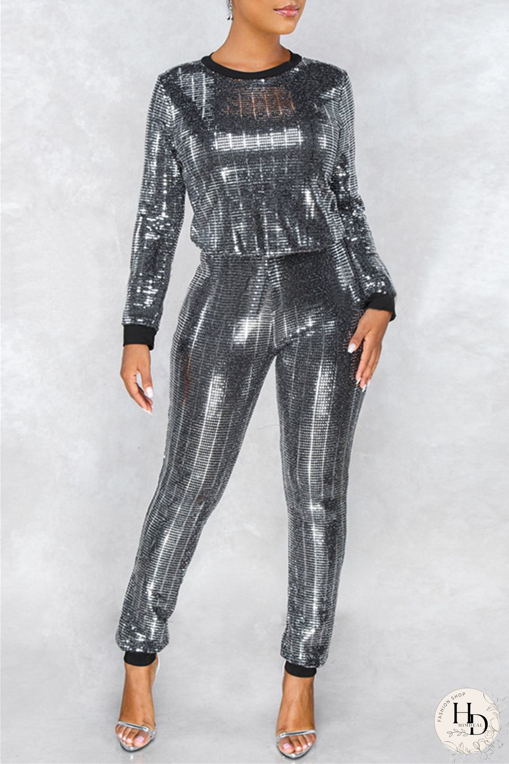 Brown Fashion Casual Patchwork Sequins O Neck Long Sleeve Two Pieces