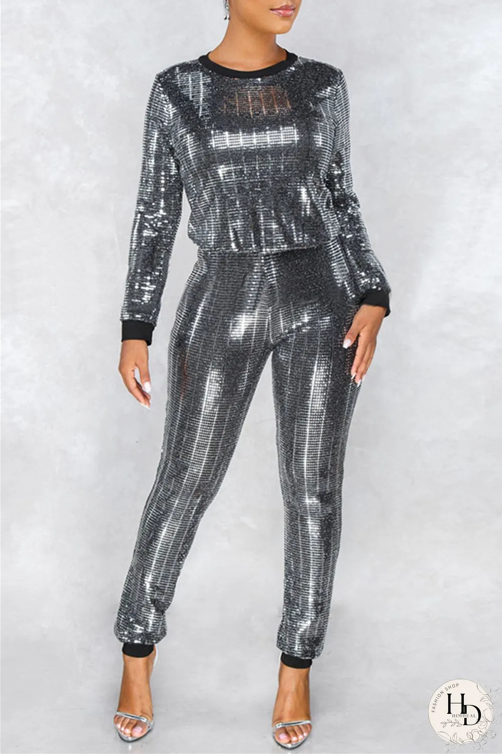 Brown Fashion Casual Patchwork Sequins O Neck Long Sleeve Two Pieces