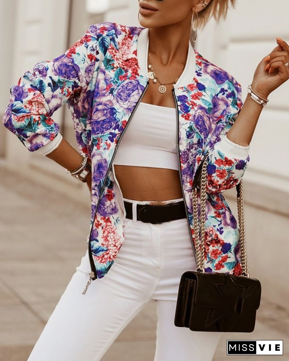 Colorblock/Floral/Leaf Print Zipper Decor Coat
