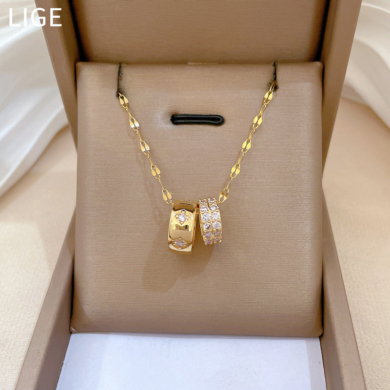 Double Ring Small Waist Full Diamond Fashion Gorgeous Full Diamond Necklace Female Versatile Clavicle Chain
