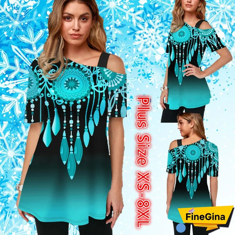 Womens Tops Femme Blouse Tribal Print Short Sleeve Gradient T Shirt Plus Size XS-8XL