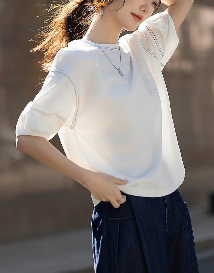 Athvotar Athvotar Collar Seven-Sleeved T-Shirt Girl 2025 Summer New Relaxed Leisure Age Cut Lantern Sleeve Top