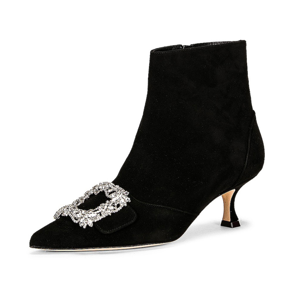 Black Pointed Toe Kitten Heel Ankle Boots with Rhinestone Buckle Nicepairs