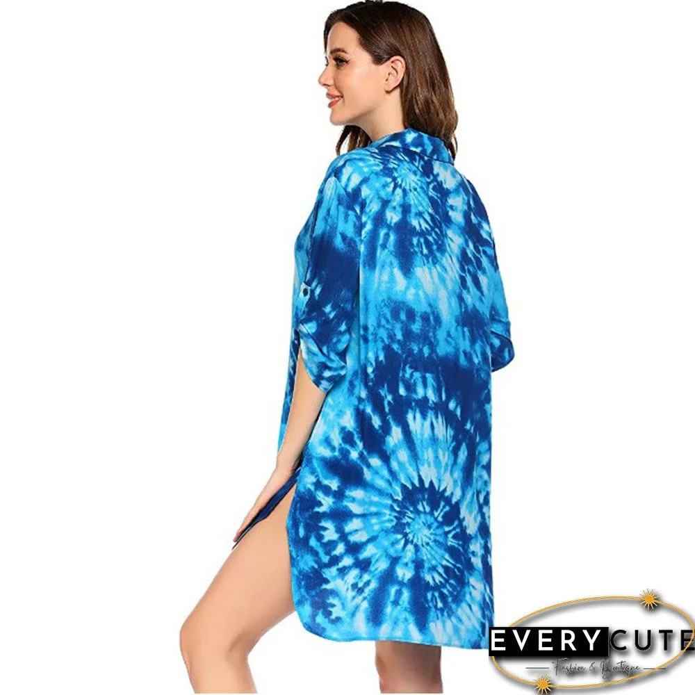 Aquamarine Print Shirt Style Beach Cover Dress