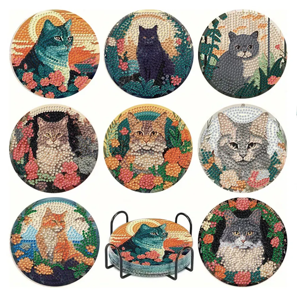8pcs Butterfly DIY Diamond Painting Coasters Kits with Holder Wooden Coaster