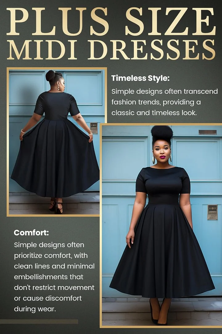 Xpluswear Design Plus Size Semi Formal Black Round Neck Short Sleeve Midi Dresses