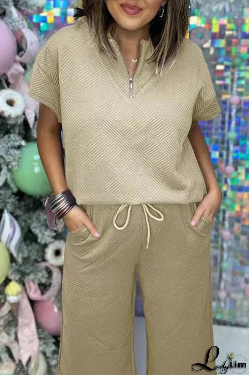 Casual Simplicity Solid Pocket Zipper Texture Turndown Collar Short Sleeve Two Pieces