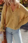 Women's Elegant Lantern Sleeve Scallop V Neck Buttoned Front Cropped Cardigan