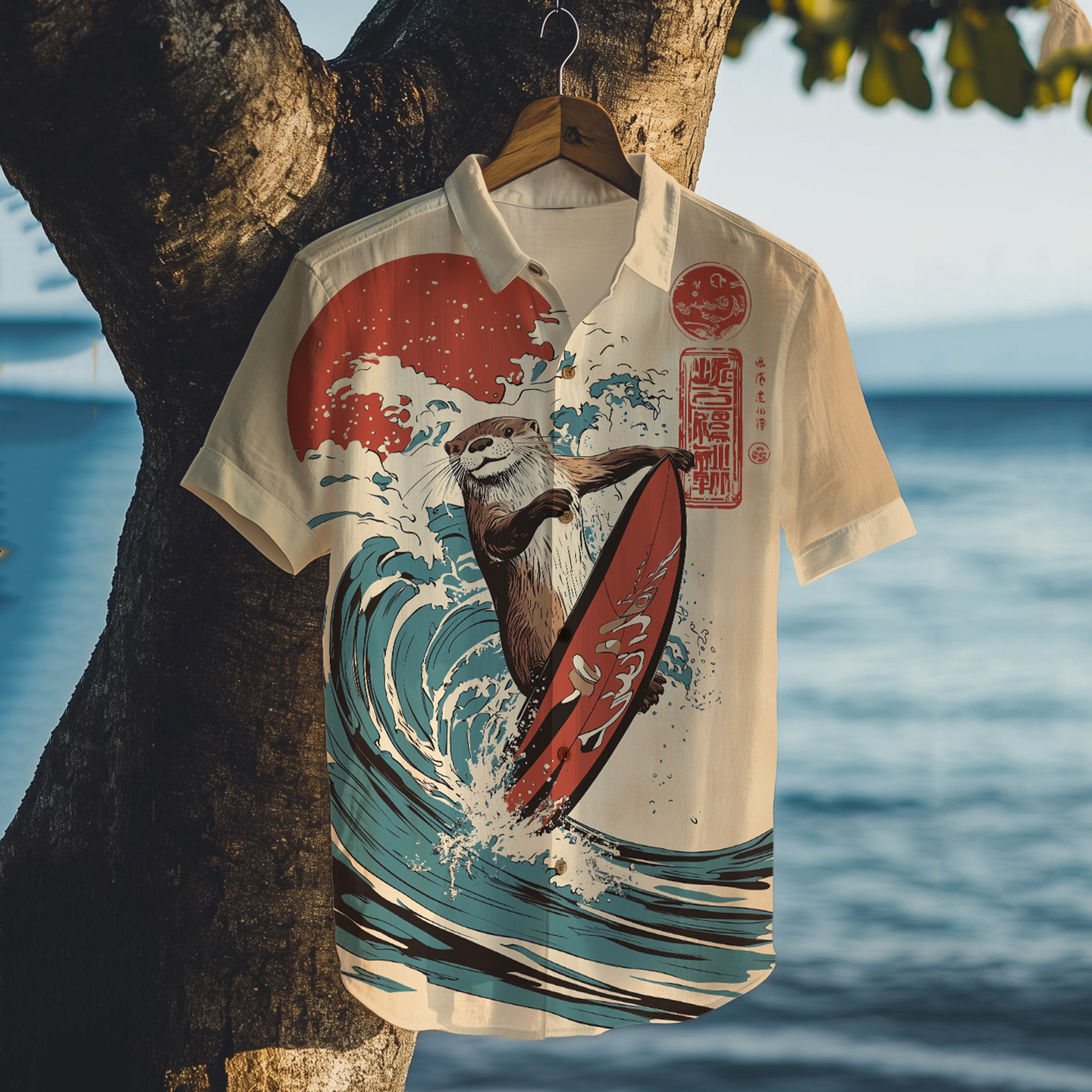 Men's Otter Surfing On The Sea Print Short Sleeve Shirt