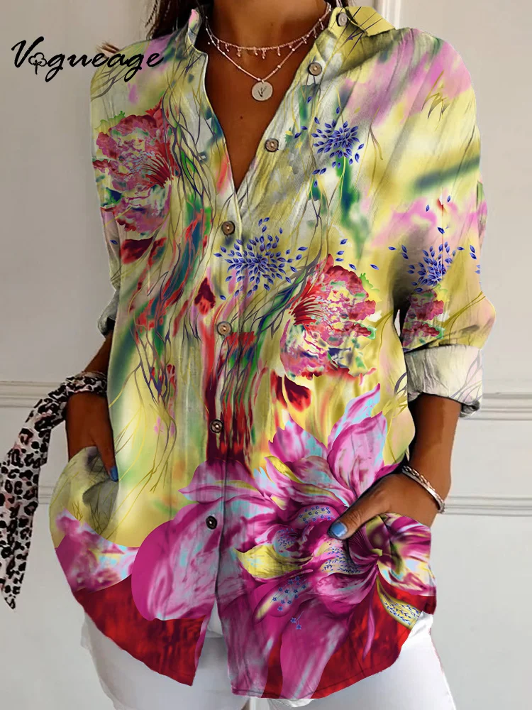 Gorgeous Watercolor Flowers Long Sleeves Printed Cotton And Linen Shirt