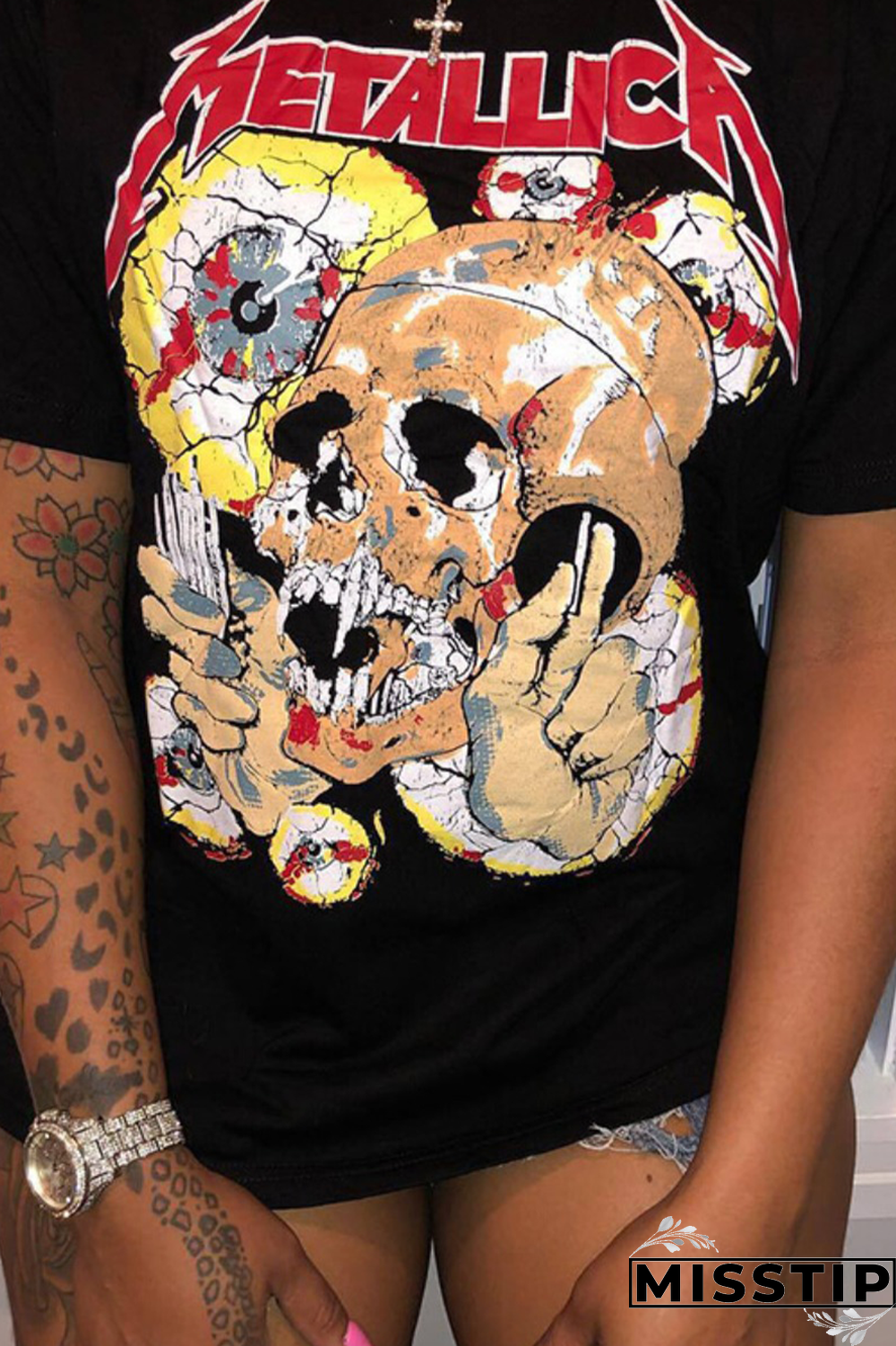 Black Street Print Patchwork O Neck T-Shirts