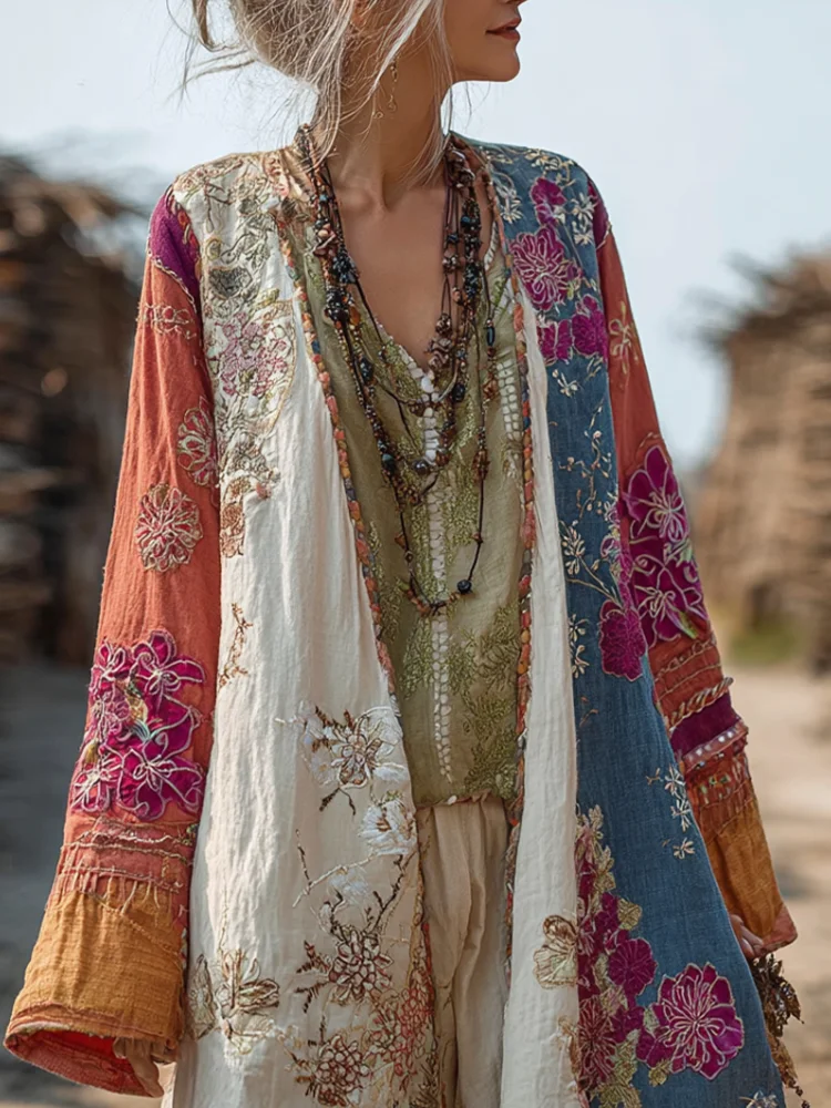 Bohemian Style Plant And Flower Embroidery Printed Women's Cotton And Linen Long Cardigan