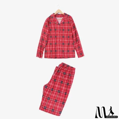 MidiSono - Men Plaid Collared Neck Shirt and Pants Set