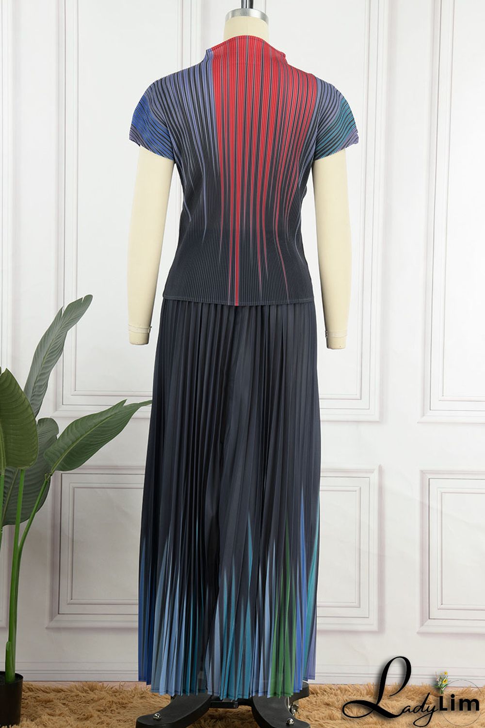 Apricot Casual Elegant Gradual Change Print Patchwork Fold O Neck Short Sleeve Two Pieces