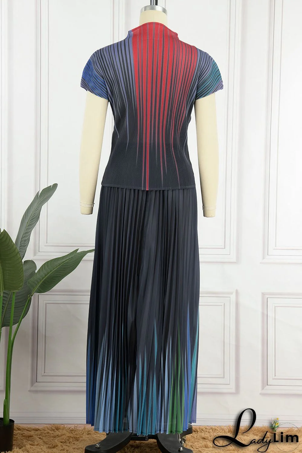 Apricot Casual Elegant Gradual Change Print Patchwork Fold O Neck Short Sleeve Two Pieces