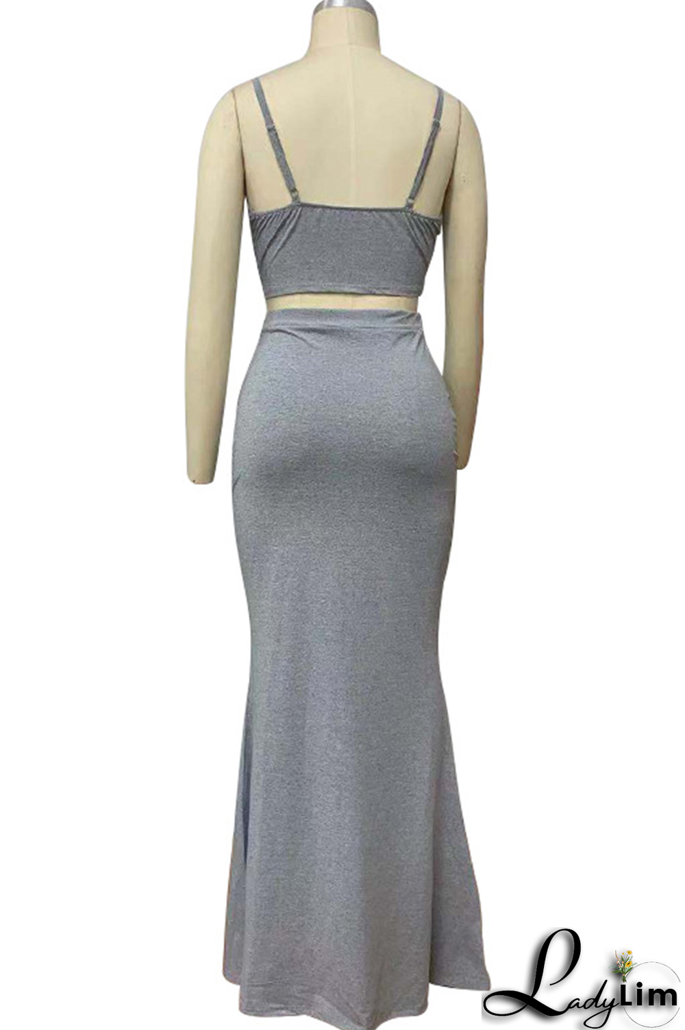 Tangerine Red Sexy Solid Split Joint Spaghetti Strap Sleeveless Two Pieces