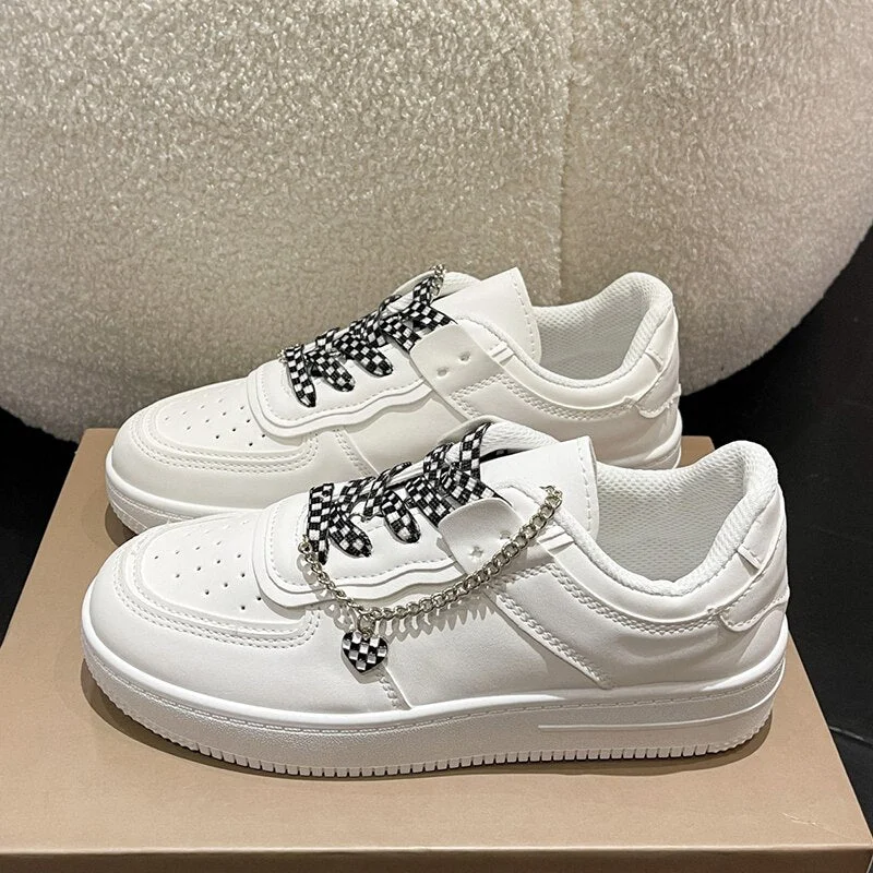 Metal Chain White Leather Sneakers Women 2022 Spring Autumn Platform Casual Shoes Woman Soft Sole Lace Up Flats Zapatillas Mujer