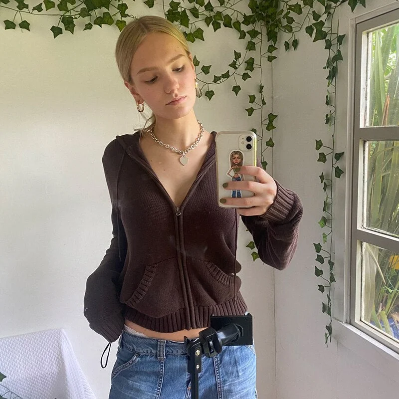 Retro Autumn Solid Cardigans Women Zip Up Front Pockets Knit Sweaters Vintage Casual Korean Hooded Coats Knitwear Cuteandpsycho