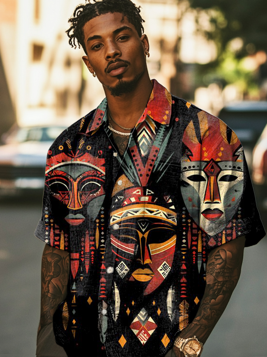 Vintage Abstract Hand Drawn African Mask Geometric Art Print Casual 100% Cotton Shirt