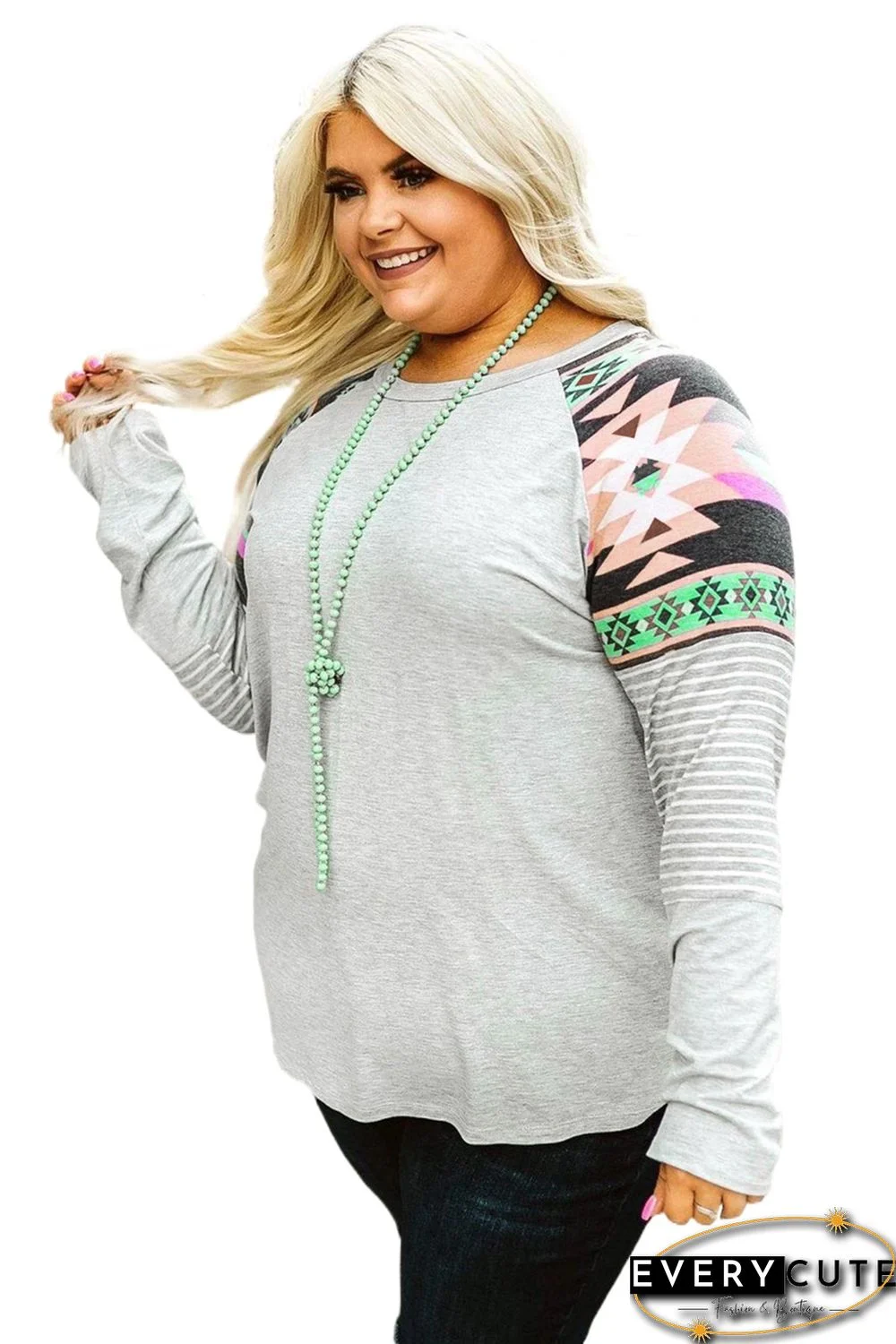 Aztec Stripes Raglan Sleeve Patchwork Plus Size Top