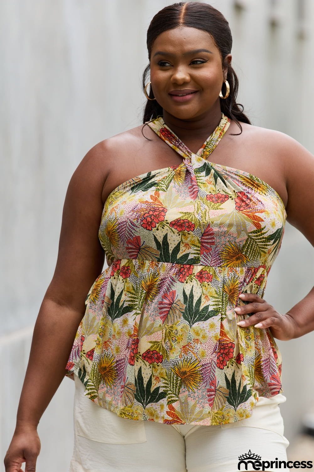 Be Stage Full Size Floral Halter Top in Green