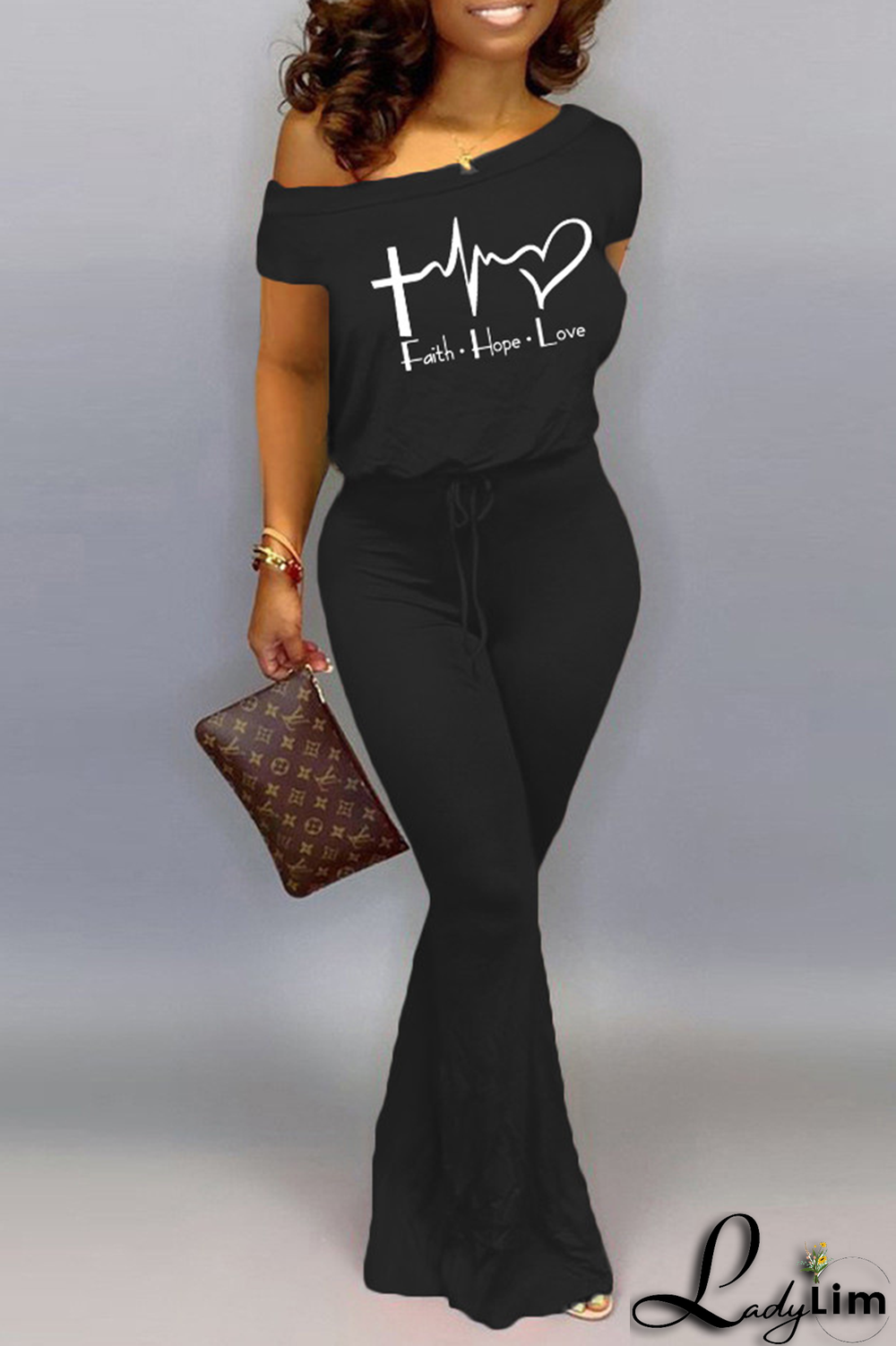 Grey Fashion Print Split Joint One Shoulder Boot Cut Jumpsuits