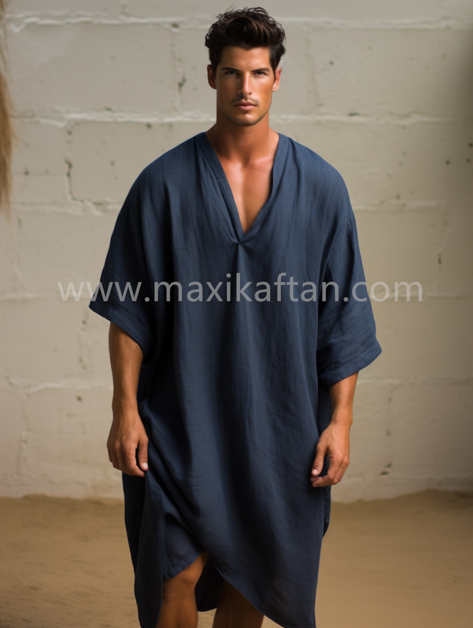 Navy Men Linen Kaftan Solid Long Caftan