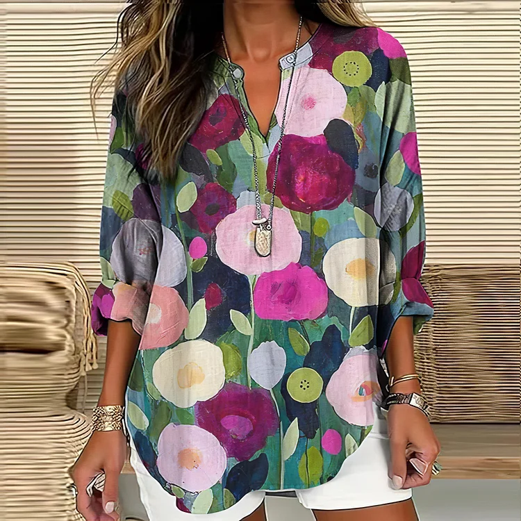 Vintage Colorful Floral Art Painting V Neck Casual Blouse