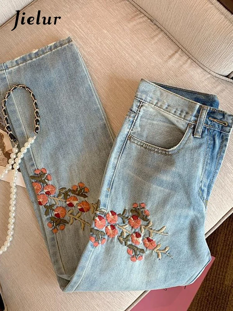 Dubeyi Flower Embroidered Light Blue Jeans Women 2022 New Summer Creative Fashion Slim Straight High Waist Denim Pants S-XL