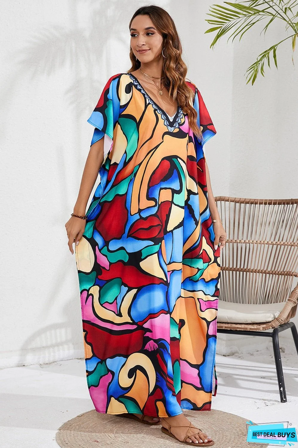 Slit Printed V-Neck Short Sleeve Cover Up