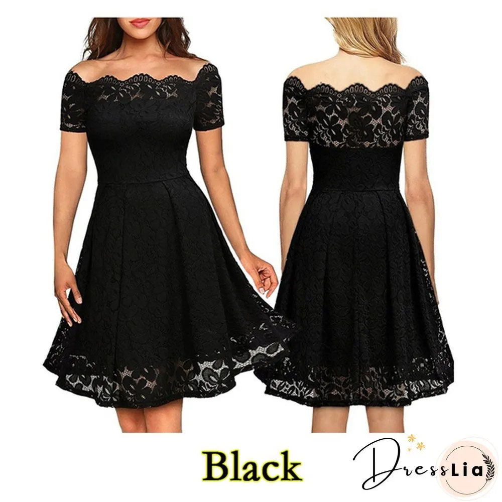 New Fashion Women Off Shoulder Slim Fit Lace Dress Elegant Strapless Short Sleeve Cutout