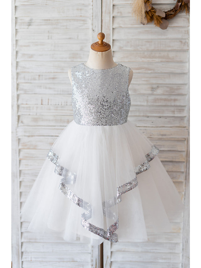 Oknass Ball Gown Sleeveless Jewel Neck Flower Girl Dresses Tulle With Bow Sequins