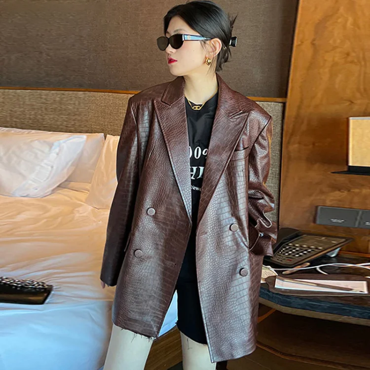 Fashion Oversized Lapel Shiny Crocodile Texture Faux Leather Double Breasted Long Sleeve Blazer 