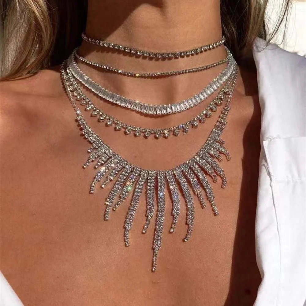 Shiny Rhinestone Irregular Tassel Collar Necklace for Women