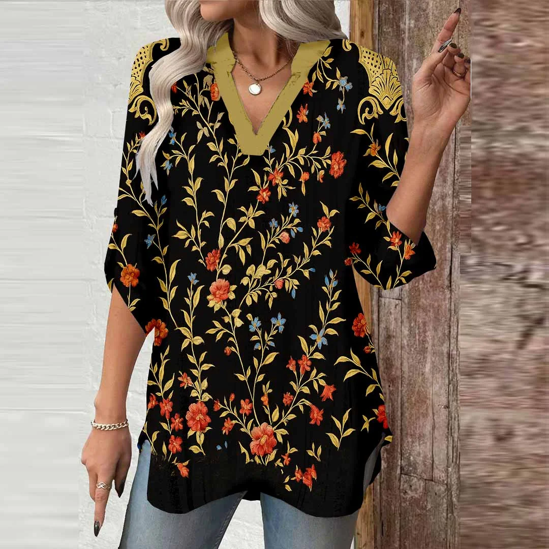 Women Black, Red, Flowers DZGA0463 3/4 Sleeve V-neck Printed Graphic Button Tops