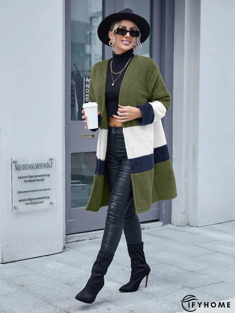 Woolen Cloth Color Matching Casual Loose Mid-length Ladies Coats | IFYHOME