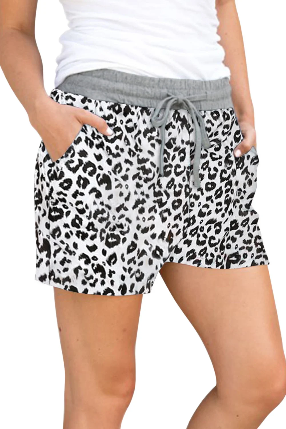 White Leopard Print Drawstring Waist Shorts | IFYHOME